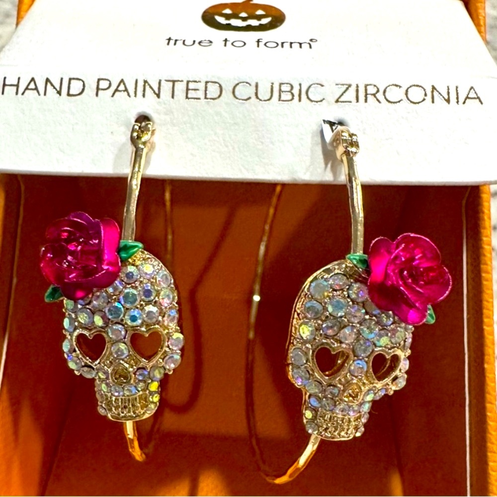 NWT ⚜️💖⚜️ True to Form Hand Painted Cubic Zirconia Sugar Skull Hoop Earrings